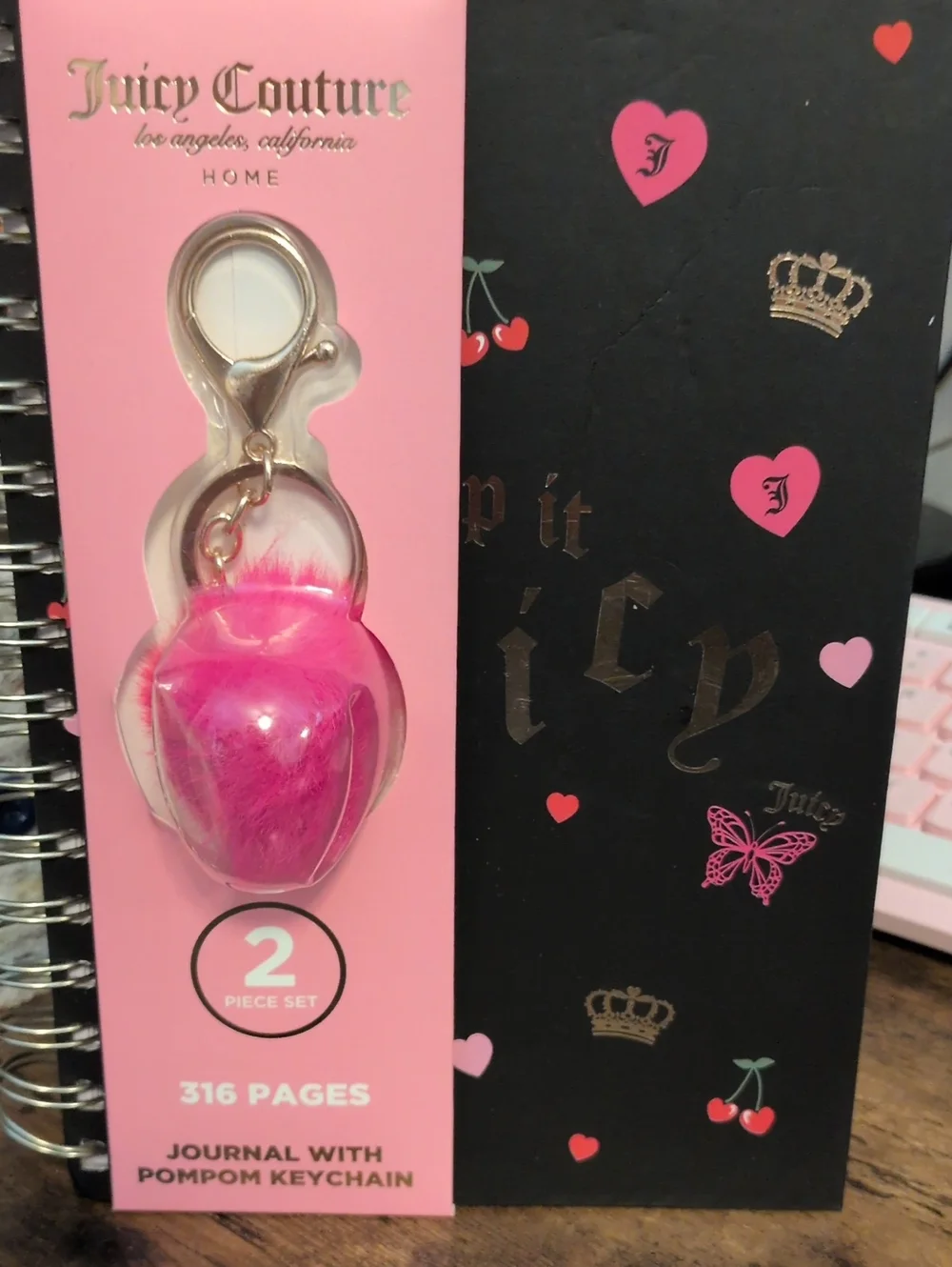Juicy Couture Hot Pink Pompom Keychain Journal Gift Set